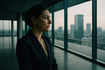 Fototapeta premium Reflective Businesswoman in Empty Office, Modern Architectural Scene, Professional Environment and Mood