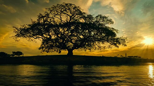 The camera pans to reveal a dramatic tree arching over a sparkling water body, its branches etched against a vivid sky