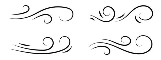 Wind linear sketch set, wind blow line icon. Isolated vector illustration. Wind motion, air blow, swirl elements. Air blow motion, smoke flow art, windy weather symbol, abstract curved line in eps 10.