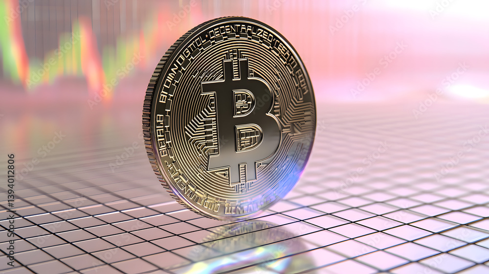Poster floating bitcoin visualization digital realm cryptocurrency image modern aesthetic high-tech look in