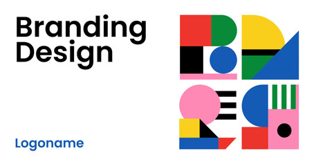 Modern branding design concept with bold geometric shapes and typography in vibrant colors including red, blue, green, yellow, pink, and black on a white background