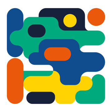 Abstract vector composition of colorful geometric shapes in blue, green, orange, yellow, and black with rounded forms and overlapping patterns on a white background
