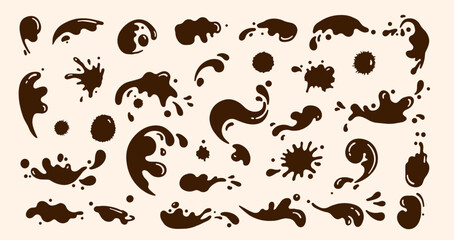 Vector set of brown splatter shapes and splash effects on a beige background, representing chocolate, mud, or paint in various abstract forms and dynamic motion styles