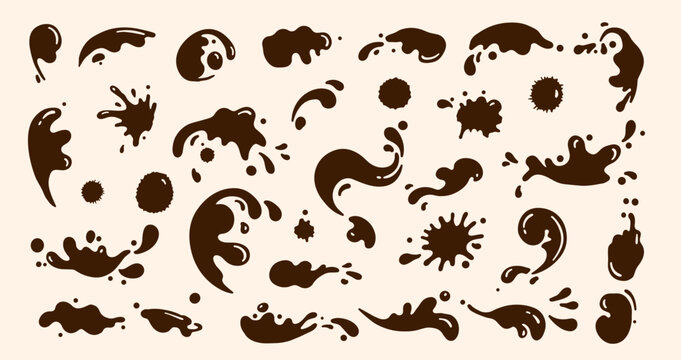 Vector set of brown splatter shapes and splash effects on a beige background, representing chocolate, mud, or paint in various abstract forms and dynamic motion styles