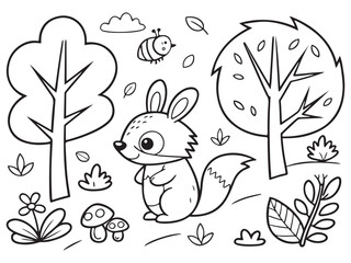 Adorable Forest Animal Coloring Page, Printable Woodland Creatures Scene, Cute Fox, Hedgehog, and Bird Line Art