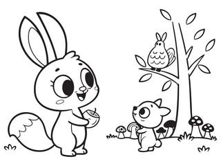 Adorable Forest Animal Coloring Page, Printable Woodland Creatures Scene, Cute Fox, Hedgehog, and Bird Line Art