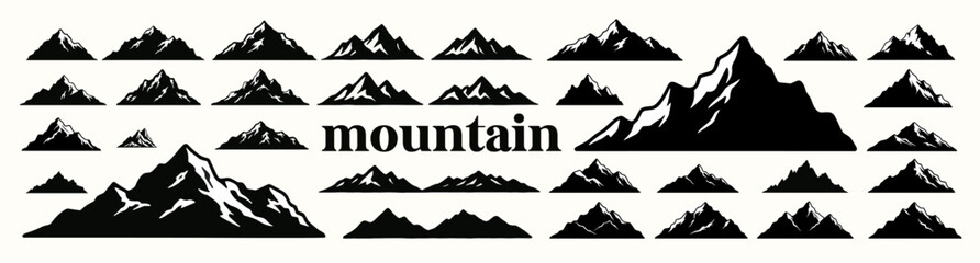Vector collection of black mountain silhouettes in various shapes and sizes with snow-covered peaks, displayed on a light background with the word mountain in bold typography