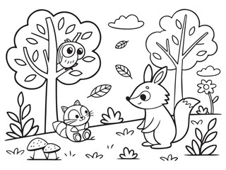 Adorable Forest Animal Coloring Page, Printable Woodland Creatures Scene, Cute Fox, Hedgehog, and Bird Line Art