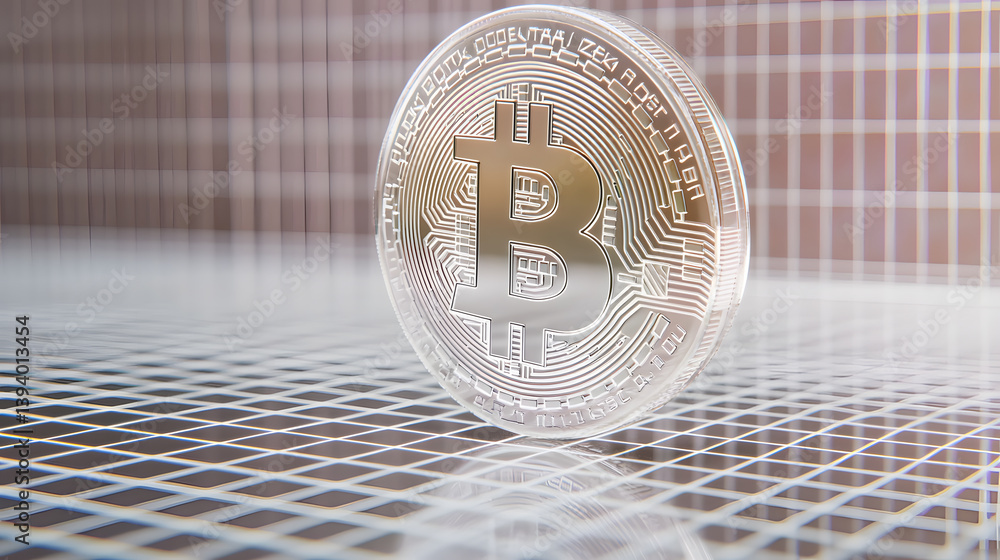 Poster floating bitcoin coin visualization digital currency concept virtual space high-resolution render mo