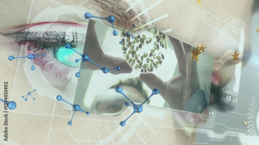 Poster animation of eye with digital elements and molecular structures in scientific scene
