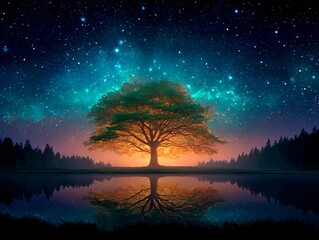Fototapeta premium A Tree of Life stands tall, surrounded by lush greenery, reflected in crystal clear water under a starry sky