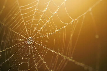Golden-Hued Spider Web with Water Droplets, Generative AI