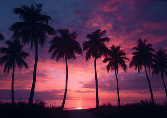 Obraz premium Row of Palm Trees in Sunset Silhouette by Ocean, Generative AI