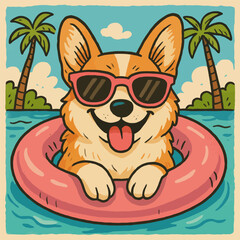 Cartoon Dog Relaxing in Water with Sunglasses and Inflatable Ring