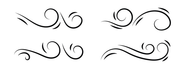 Wind linear sketch set, wind blow line icon. Isolated vector illustration. Wind motion, air blow, swirl elements. Air blow motion, smoke flow art, windy weather symbol, abstract curved line in eps 10.