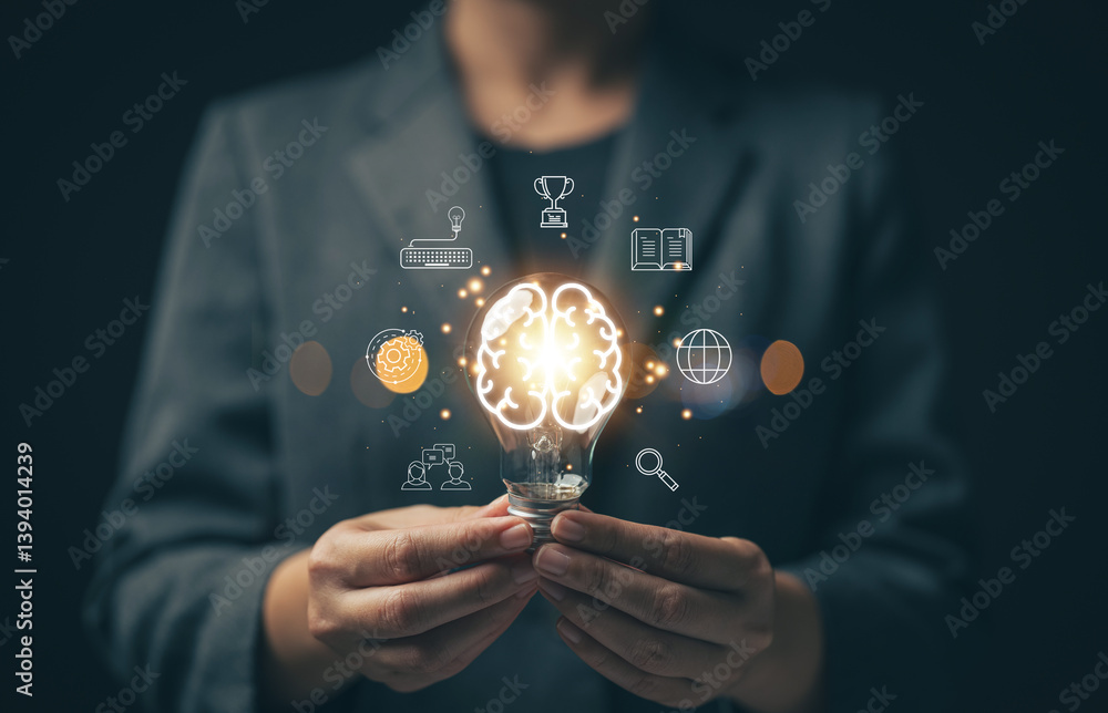 Poster e-learning graduate certificate program concept.woman holds a light bulb showing a brain icon. conce