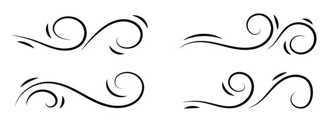 Wind linear sketch set, wind blow line icon. Isolated vector illustration. Wind motion, air blow, swirl elements. Air blow motion, smoke flow art, windy weather symbol, abstract curved line in eps 10.