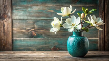 Serene Magnolia Blooms in a Teal Vase Against a Rustic Wooden Background