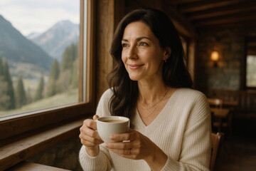 Elegant Woman in Her 40s Sipping Coffee in a Cozy Mountain Café, Lifestyle and Relaxation in a Scenic Setting