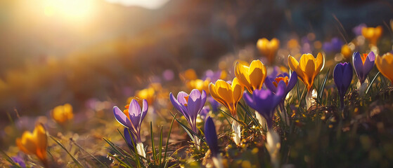 Beautiful spring background with close-up of blooming yellow and purple crocus. First flowers on a meadow in park under bright sun in spring time