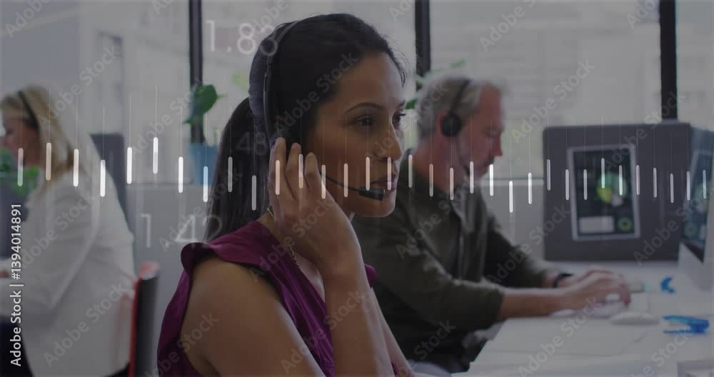 Aufkleber audio waveform animation overlay with customer service team working in office