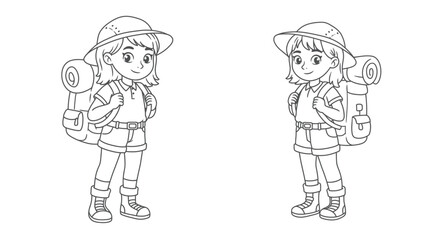 Obraz premium Young Adventurers: Two young girls prepared for a hike adventure, with backpacks and outdoor gear. Embracing a spirit of wanderlust.