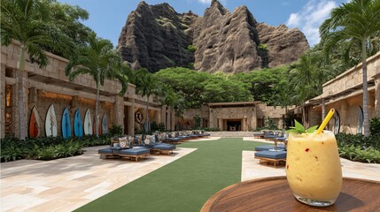 Tropical resort scene mountains, surfboards, lounge area, and smoothie drink