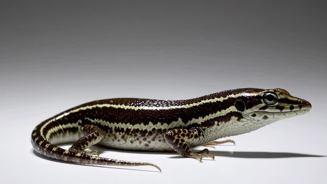 Striped lizard movement on white background: natural reptile behavior in high resolution