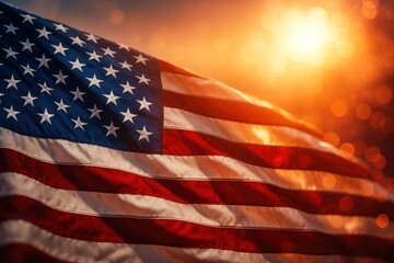 American flag with sunset.