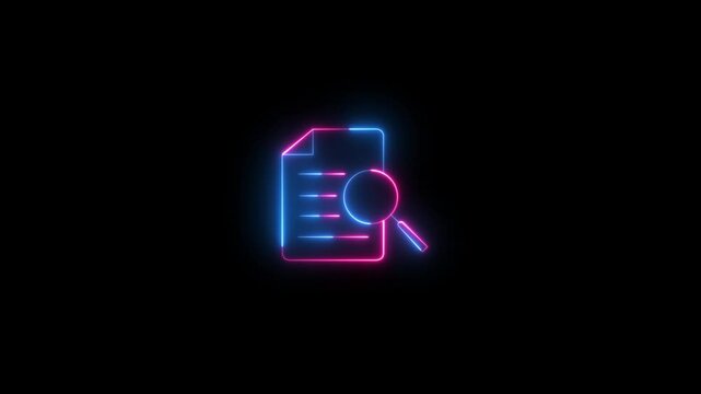 Glowing neon line Case study icon with magnifying glass sign animation. Neon search result icon.