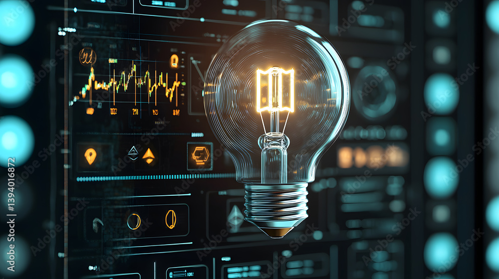 Poster illuminating innovation modern lightbulb design high-tech laboratory digital visualization futuristi