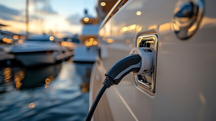 An electric boat is charging at a marina during a beautiful sunset. The calm water reflects the warm light. Perfect for travel and technology articles.