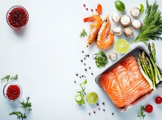 Preparing Delicious Salmon with Shrimp and Fresh Vegetables Flat Lay