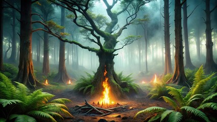 Enchanted Forest Scene Mystical Fire Within Ancient Tree Trunk, Surrounded by Lush Ferns and Fog
