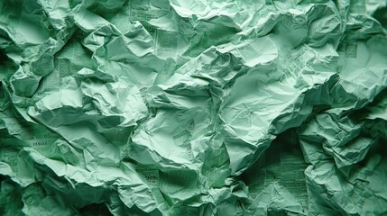 Crumpled paper texture with text, shot close-up, filling entire frame, solid green