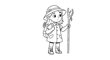 Obraz premium Young Explorer's Adventure: A black and white illustration of a young explorer equipped with a backpack and walking stick, ready to venture forth on a journey.