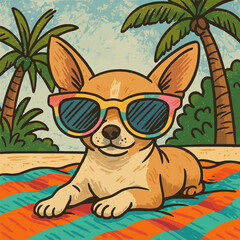 Dog Wearing Sunglasses Lying on Beach Enjoying Summer Vacation