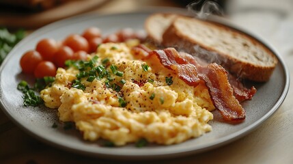 A steaming plate of scrambled eggs accompanied by crispy bacon and toast for a hearty breakfast