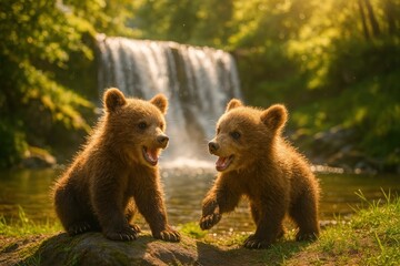 Obraz premium Playful bear cubs near waterfall.