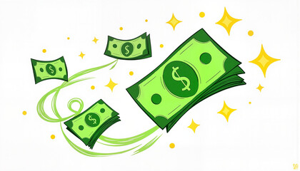 Money bills flying with sparkles against a white background  