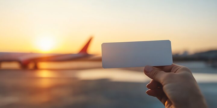 Person holding a blank card with a blurry airplane and sunset in the background Perfect for travel or vacation advertising