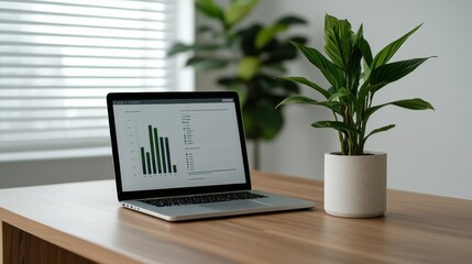 Modern Workspace with Laptop, Statistics Chart, and Indoor Plant for Office Environment