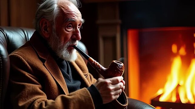 Senior Man Smoking Pipe by Fireplace in Brown Jacket