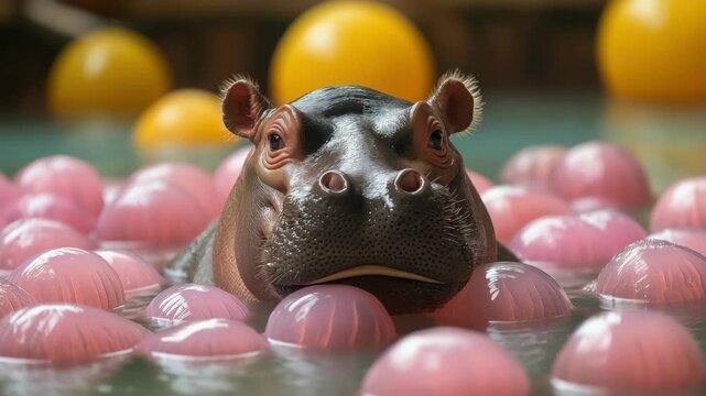 Hippo enjoys playful bath time surrounded by colorful balls in sunny animal sanctuary