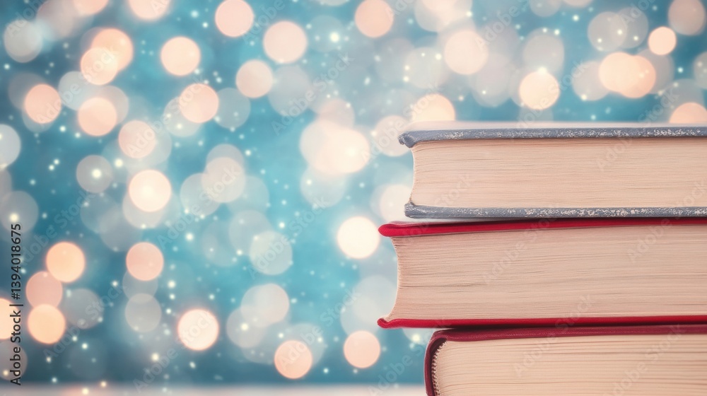 Poster colorful books are stacked neatly on a light surface, with a dreamy bokeh background creating a fest