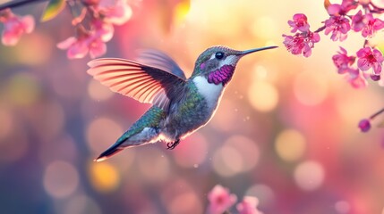 Fototapeta premium Hummingbird in flight, feeding on blossom tree in springtime, vibrant sunset glow