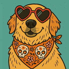 Dog Illustration Wearing Heart Sunglasses and Bandana with Skull Design