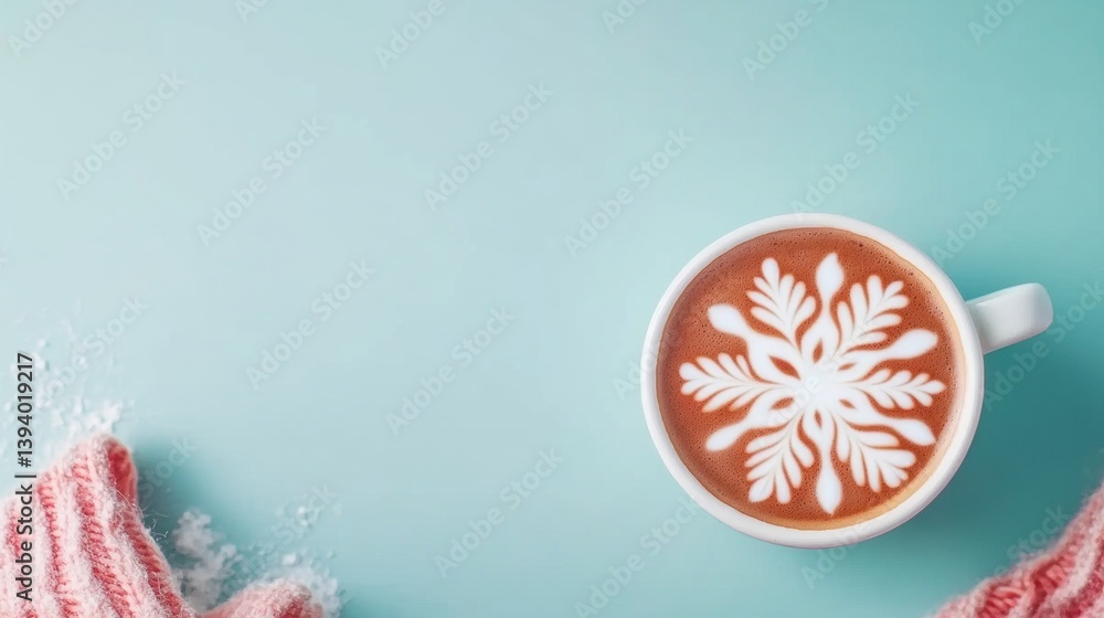 Poster cozy hot cocoa topped with intricate snowflake latte art placed on a serene light blue surface with 