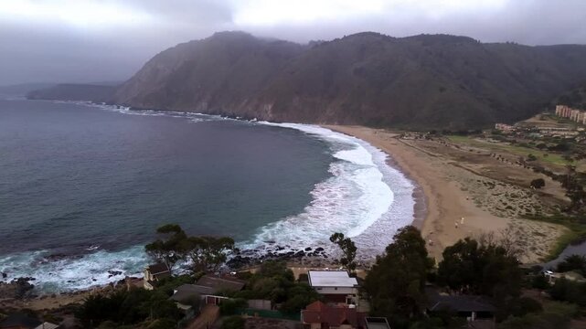 Coastal scenic Aerial view in quintay Chile , south American bay, mountains in cloudy landscape
