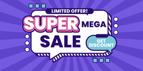 Super Mega Sale Banner Limited Offer with Discount Promo in Bold and Vibrant Colors